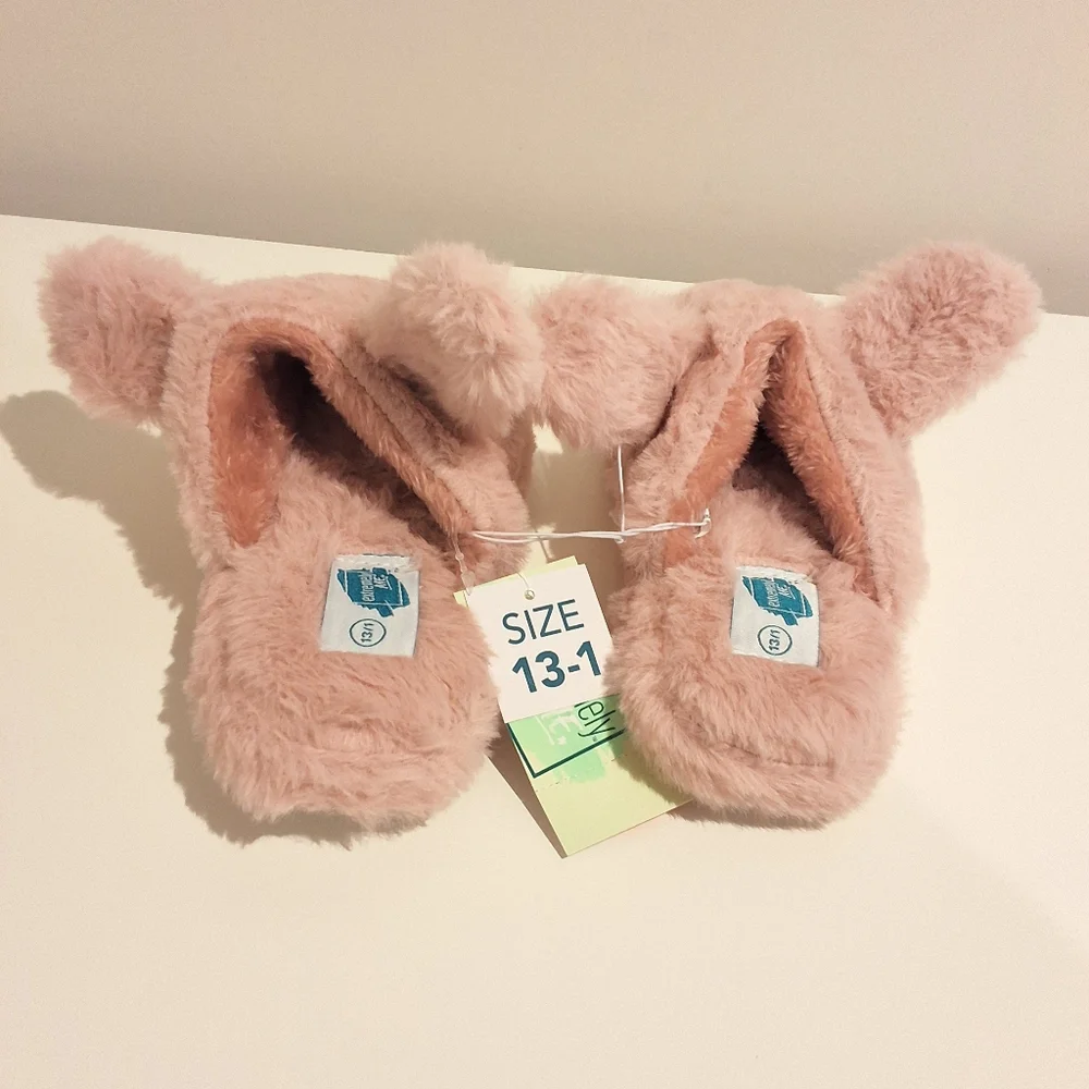 Pink Plush Bunny Girls Slippers Soft Cozy Novelty House Shoes, Size 13-1, NWT